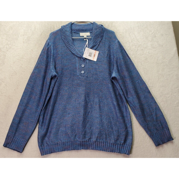 Carolyn Taylor Sweater Women 2X Blue Knit Long Sleeve Shawl Neck Button Pullover - Picture 1 of 9